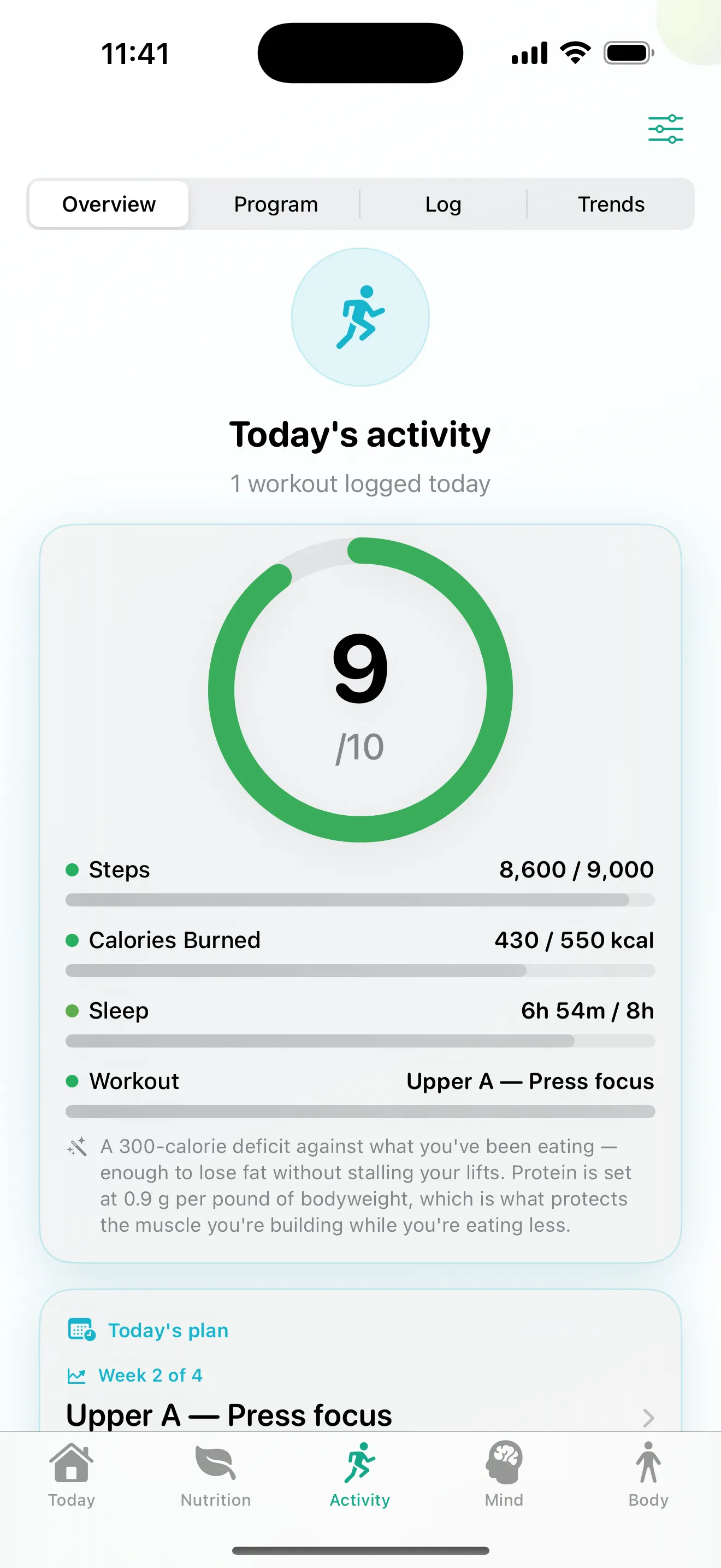 Jindful's activity tab showing a daily score of 9 out of 10, with steps, calories burned, sleep and today's logged workout.