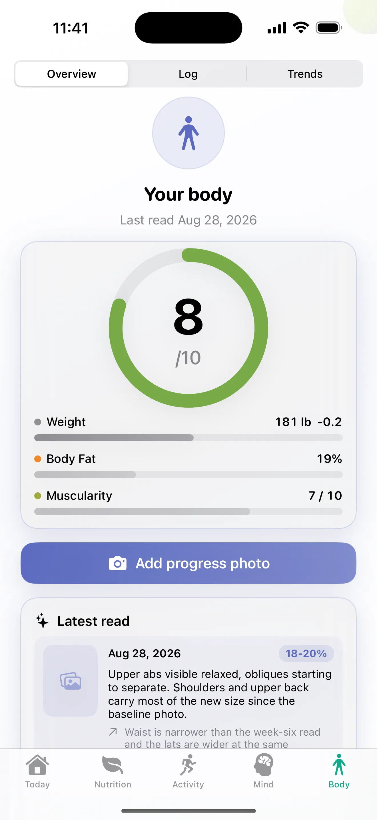 Jindful's body tab showing 181 lb, 19% body fat and a muscularity score, with the latest AI read on the progress photo.