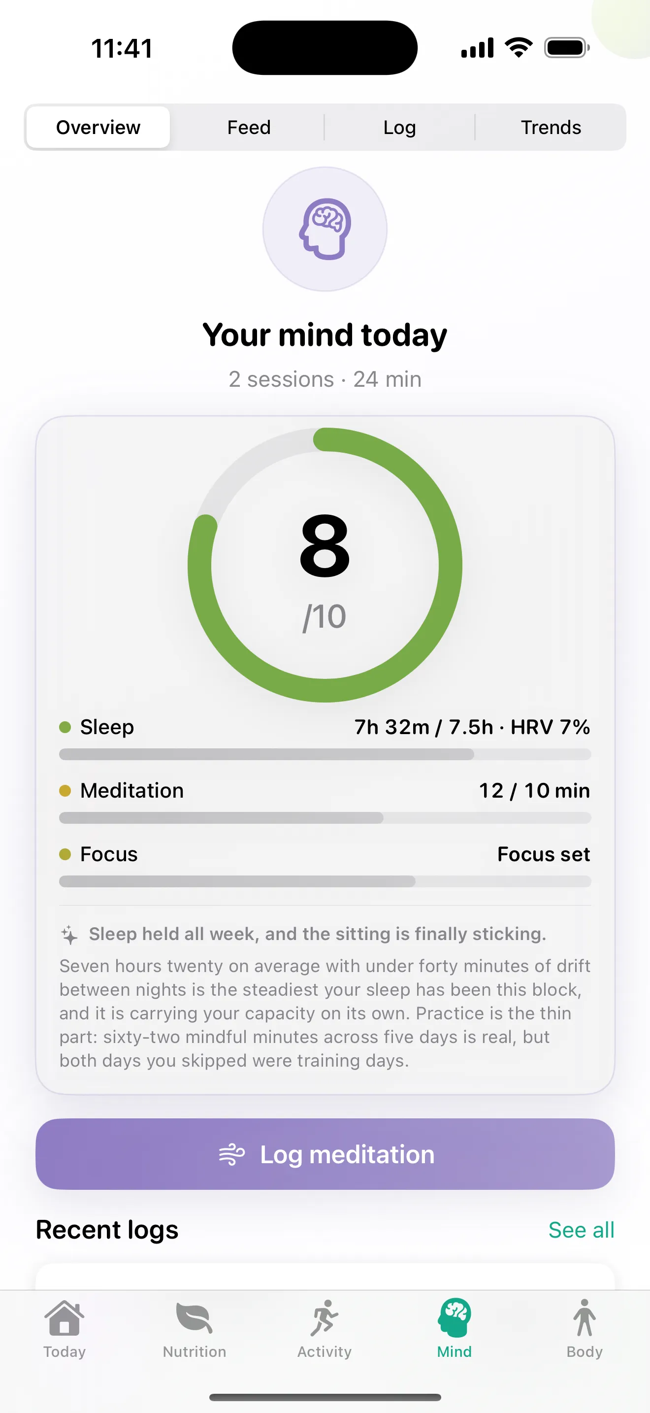 Jindful's mind tab showing a daily score of 8 out of 10, with sleep, meditation and focus, and a written read on the week.