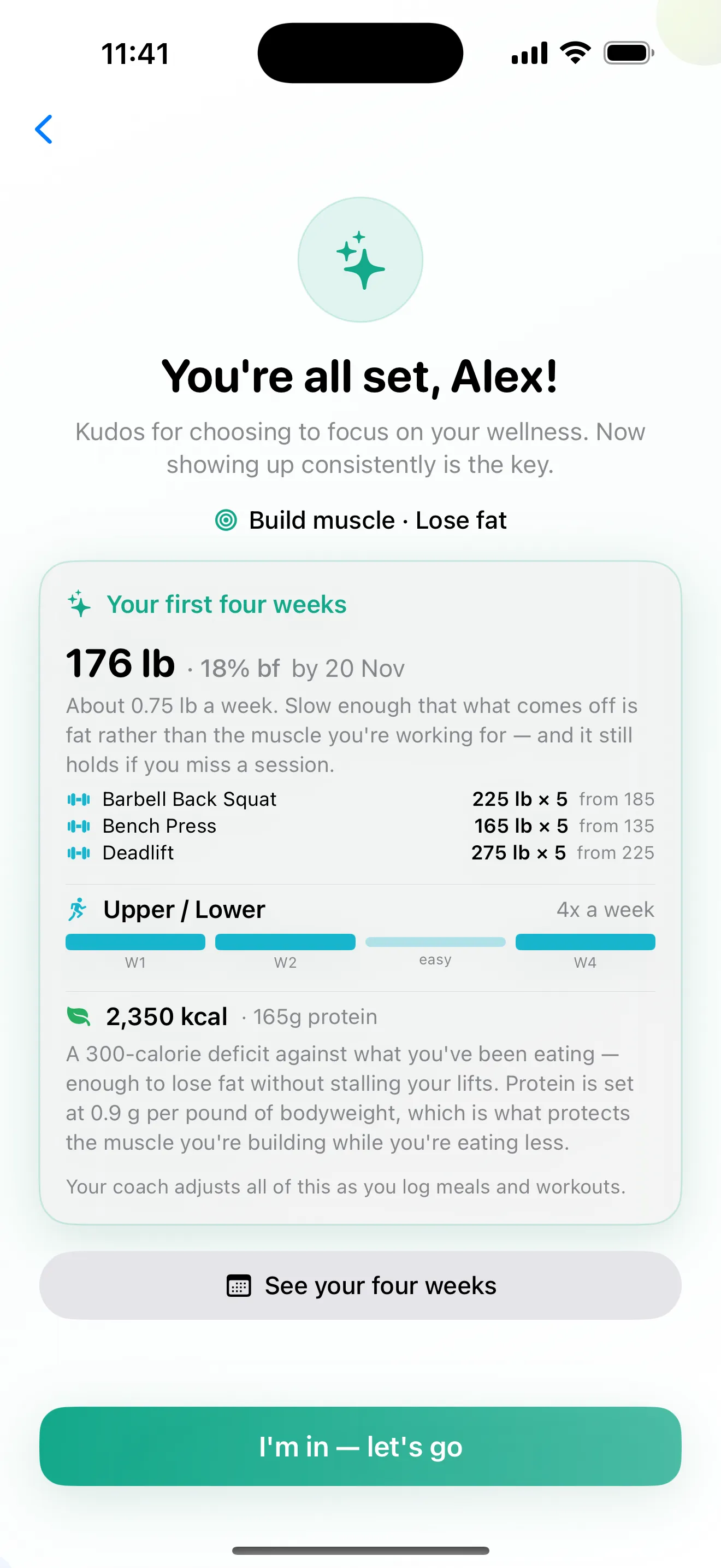 The final onboarding screen in Jindful, headed “You're all set, Alex!”, showing a target of 176 lb by 24 October, three lift targets, a four-week Upper/Lower training block and daily targets of 2,350 kcal and 165 g protein.