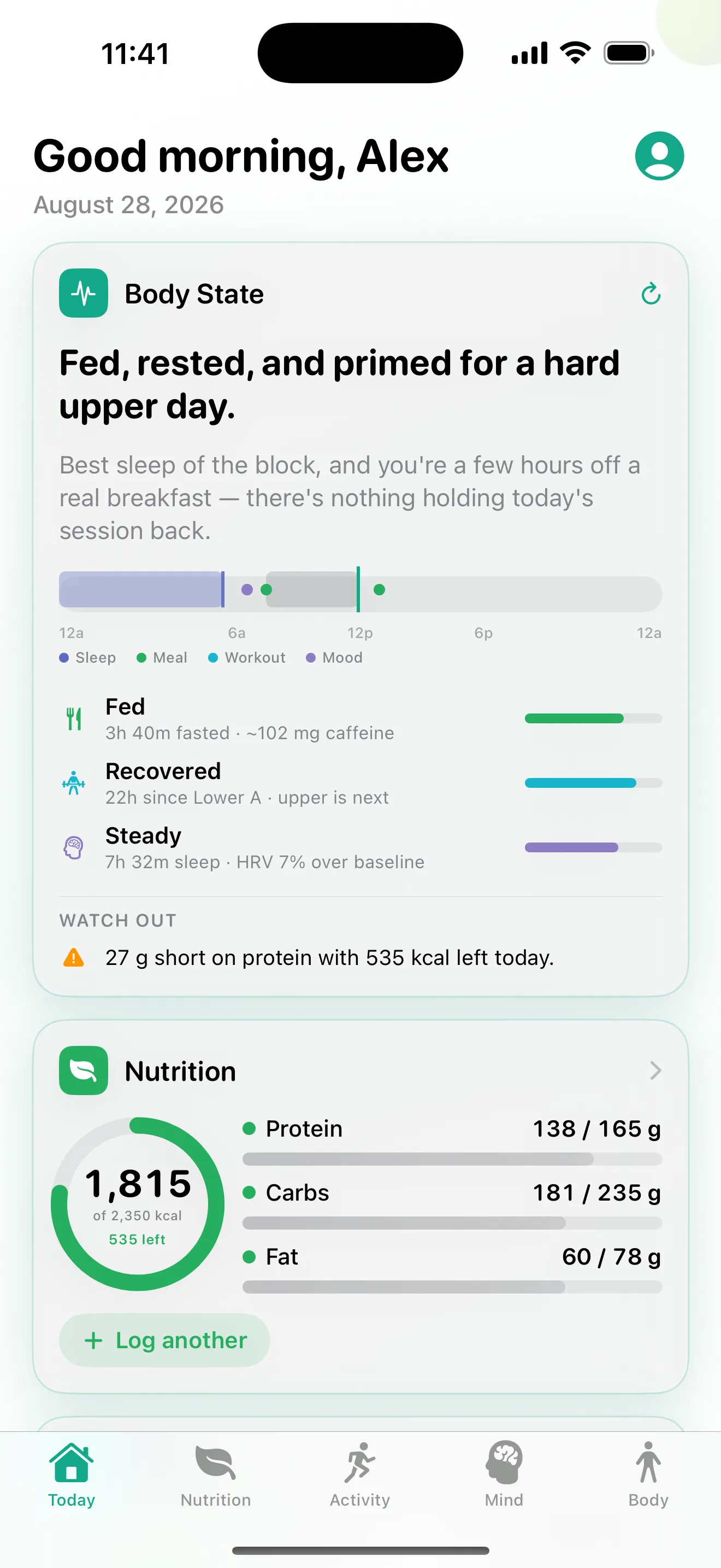 Jindful's Today screen: a Body State card reading “Fed, rested, and primed for a hard upper day”, backed by a 24-hour timeline of sleep and meals and by fasting, recovery and sleep readouts — then today's nutrition against target.